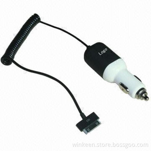 Car charger with fixed 30-pin spiral cable, 5V 1A output for iPhone 4/4S